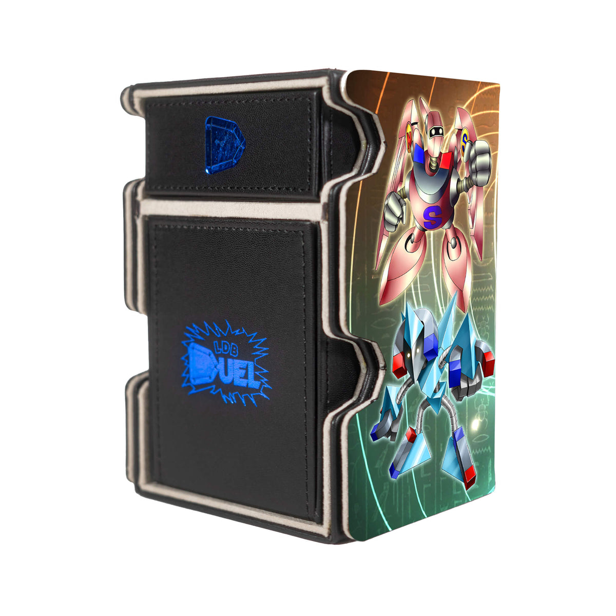 Here is the Right View of the Magnet Warrior Archetype Mach 3 Black Deck Box. Valkyrion-yugioh-deck-tray-dice-tray-LDB-Duel
