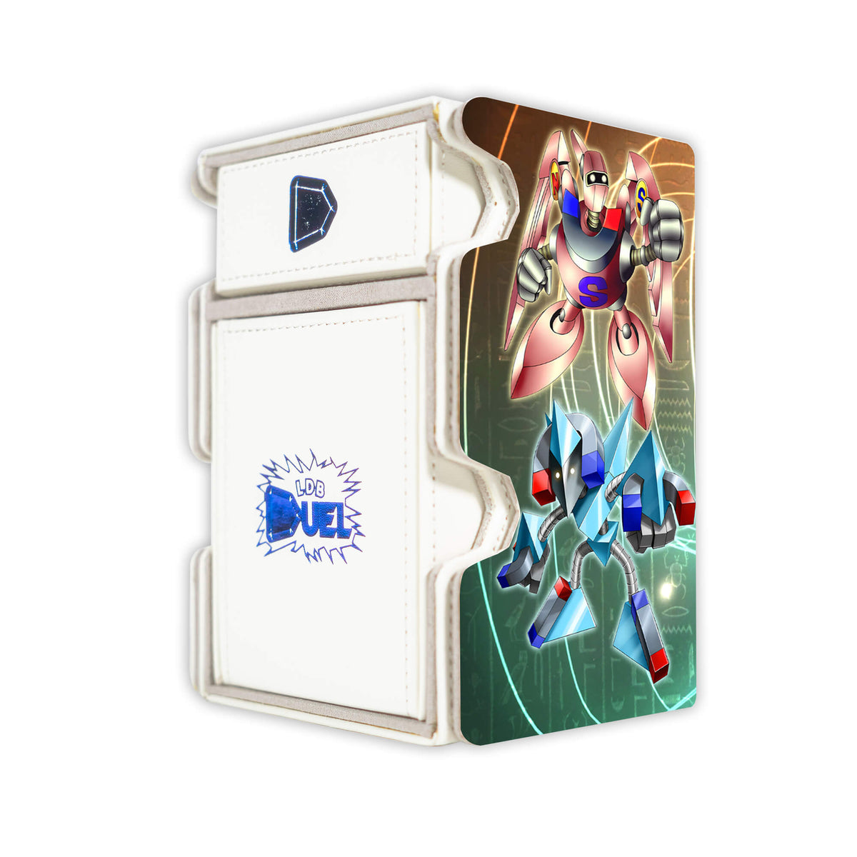 Here is the Right View of the Magnet Warrior Archetype Mach 3 White Deck Box. Beta-yugioh-deck-tray-dice-tray-LDB-Duel