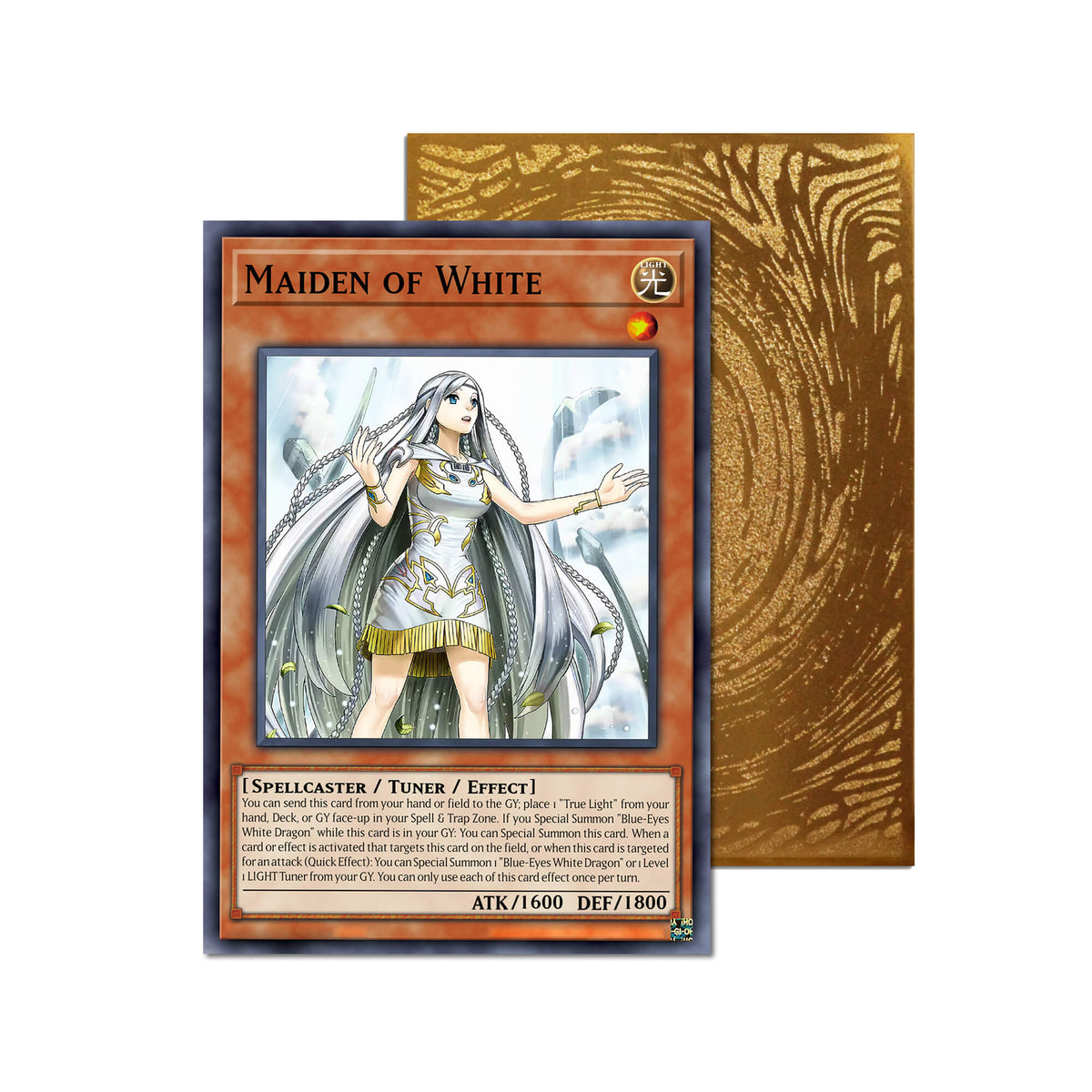 Level up your game with our custom-printed metal orica cards, featuring exclusive Maiden Of White artwork in gold metal. Durable, scratch-resistant, and embossed with the iconic Yu-Gi-Oh! card back, these slim orica cards fit perfectly in card sleeves. Serpentine-Princess-yugioh-mtg-pokemon-metal-card-embossed-design-custom-artwork-duel-accessories-ldb-duel