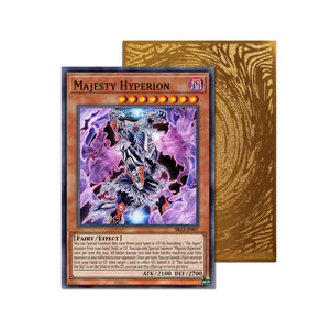Level up your game with our custom-printed metal orica cards, featuring exclusive Majesty Hyperion artwork in gold metal. Durable, scratch-resistant, and embossed with the iconic Yu-Gi-Oh! card back, these slim orica cards fit perfectly in card sleeves. Masterflare-Hyperion-yugioh-mtg-pokemon-metal-card-embossed-design-custom-artwork-duel-accessories-ldb-duel