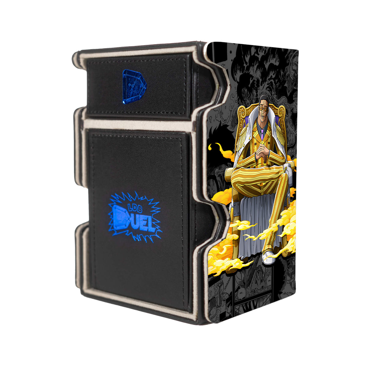 Here is the Right View of the Marine Admirals Mach 3 Black Deck Box. Fleet-Admiral-onepiece-deck-tray-dice-tray-LDB-Duel