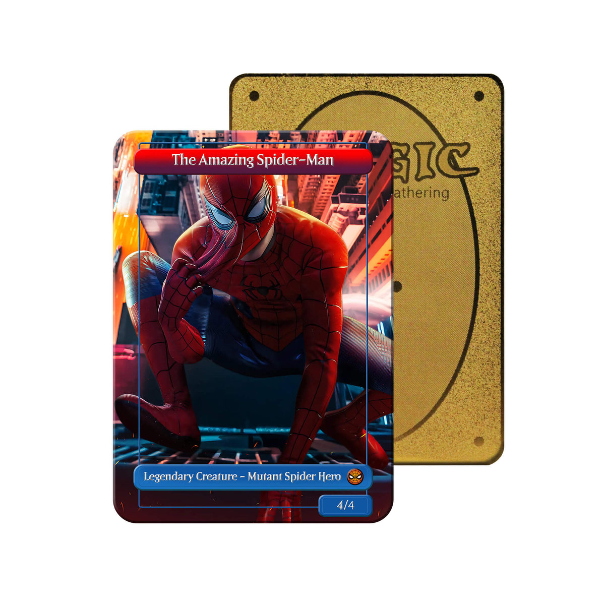 Level up your game with our custom-printed metal orica card, featuring exclusive Marvel's Spider-Man artwork in gold metal. Durable, scratch-resistant, and embossed with the iconic Yu-Gi-Oh! card back, these slim field centers fit perfectly in card sleeves. Aunt-May-mtg-yugioh-pokemon-metal-card-embossed-design-custom-artwork-duel-accessories-ldb-duel