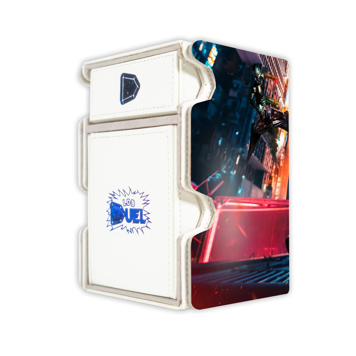 Here is the Right View of the Marvel's Spider-Man Mach 3 White Deck Box. Web-shooter-mtg-deck-tray-dice-tray-LDB-Duel