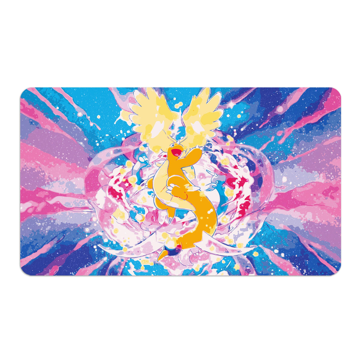 Transform your dueling experience with LDB Duel featuring our exclusive art Mega Dragonite playmat! Featuring a soft cloth top for smooth card movement and a durable rubber back for a secure grip, this 24x14 inch mat is machine washable and safe for cards and sleeves. Dragonite-pokemon-anime-yugioh-mtg-custom-artwork-premium-durable-rubber-ldb-duel