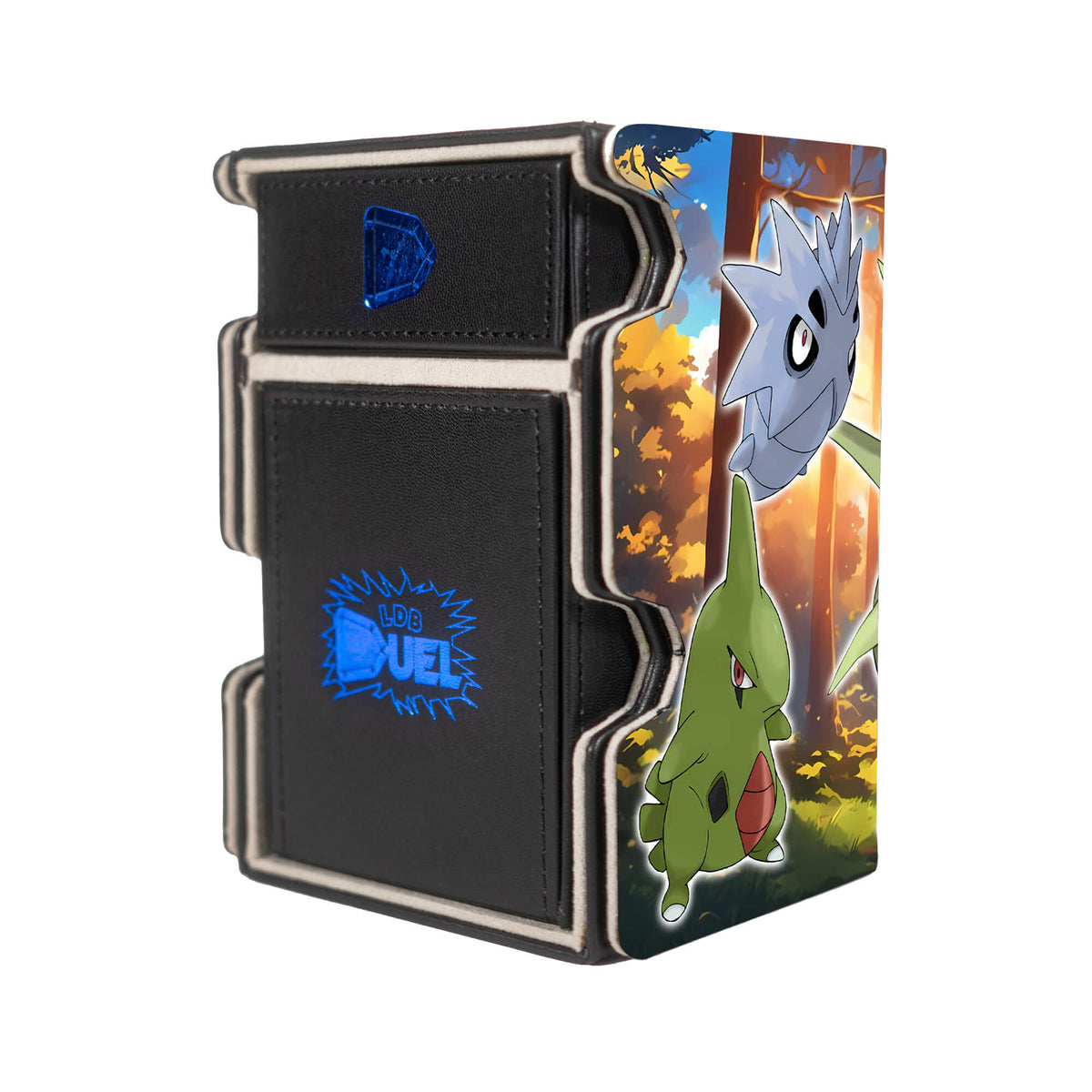 Here is the Right View of the Mega Tyranitar Evolutions Mach 3 Black Deck Box. Tyranitar-pokemon-deck-tray-dice-tray-LDB-Duel
