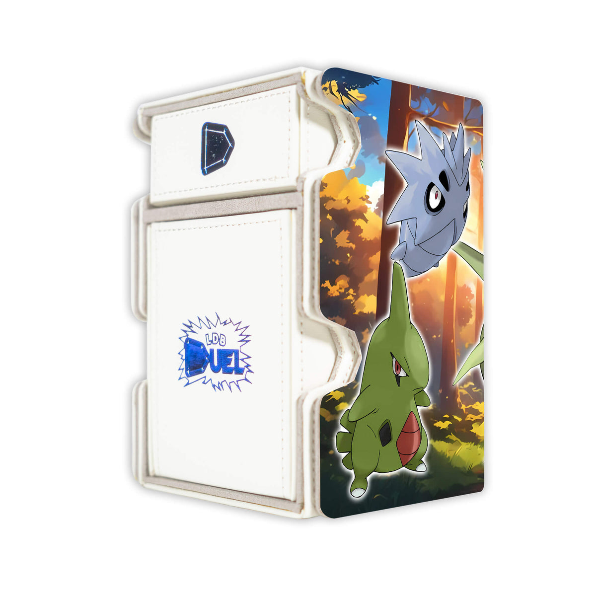 Here is the Right View of the Mega Tyranitar Evolutions Mach 3 White Deck Box. Tyranitar-pokemon-deck-tray-dice-tray-LDB-Duel