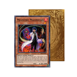 Level up your game with our custom-printed metal orica cards, featuring exclusive Megistric Maginician artwork in gold metal. Durable, scratch-resistant, and embossed with the iconic Yu-Gi-Oh! card back, these slim orica cards fit perfectly in card sleeves. Mythical-Institution-yugioh-mtg-pokemon-metal-card-embossed-design-custom-artwork-duel-accessories-ldb-duel