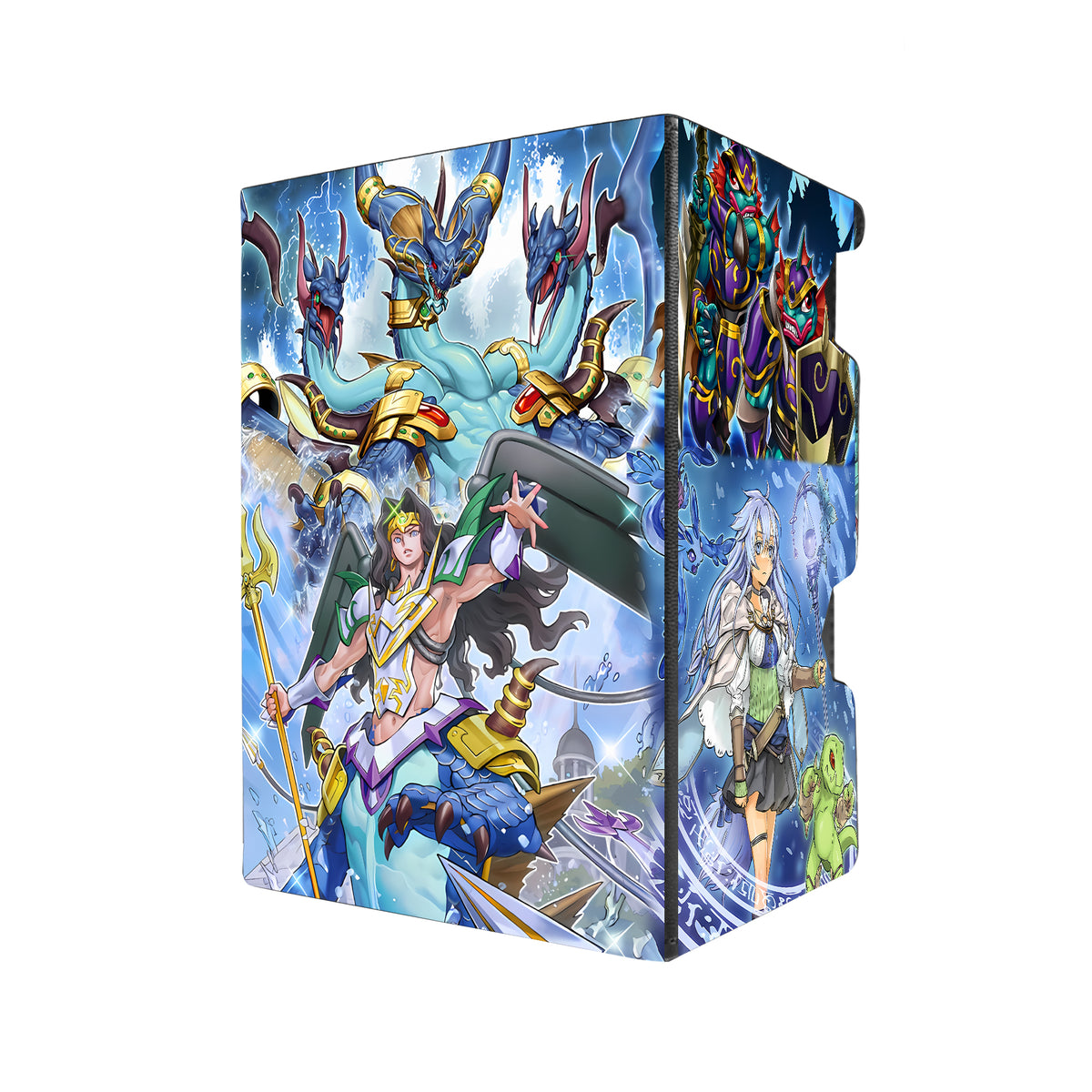 Here's another quality black deck box from LDB Duel featuring our exclusive Mermail Atlantean Archetype art. Fits all types of trading card games, including Pokémon, Yu-Gi-Oh! and Magic The Gathering. The perfect card holder for the TCG player safely holds up to 100 double-sleeved cards. EVEN in extra thick sleeves. Comes with a pull-out dice tray. Mermail King-yugioh-mtg-pokemon-tcg-accessories-card-storage-LDB-Duel