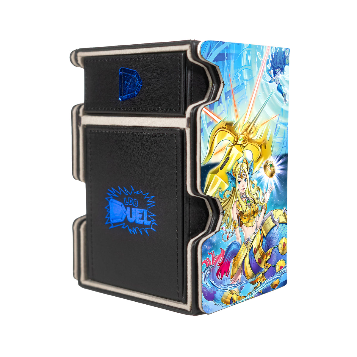 Here is the Right View of the Mermail Atlantean Archetype Mach 3 Black Deck Box. Poseidra-Abyss-yugioh-deck-tray-dice-tray-LDB-Duel