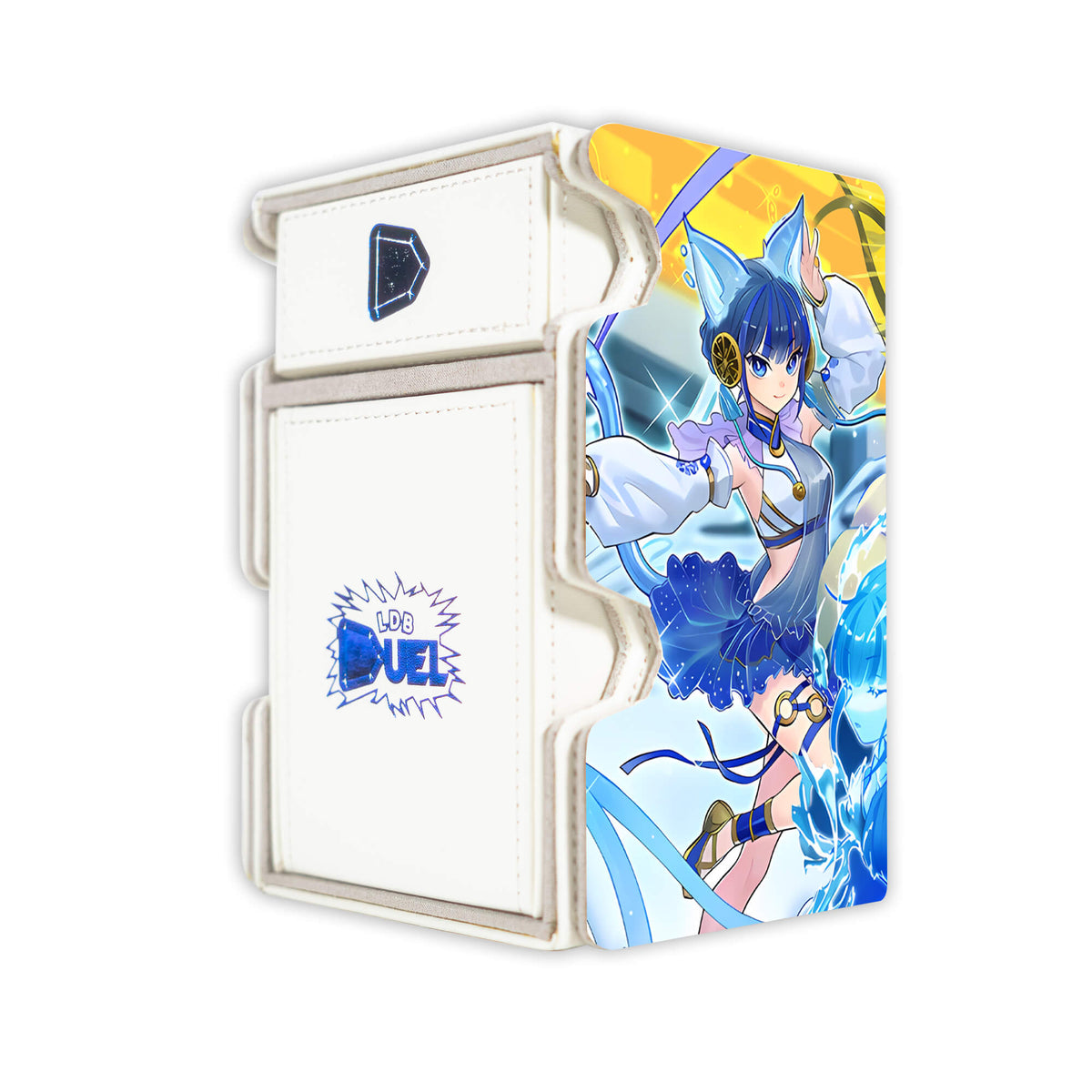 Here is the Right View of the Mikanko Kagura Archetype Mach 3 White Deck Box. Sanaki-yugioh-deck-tray-dice-tray-LDB-Duel