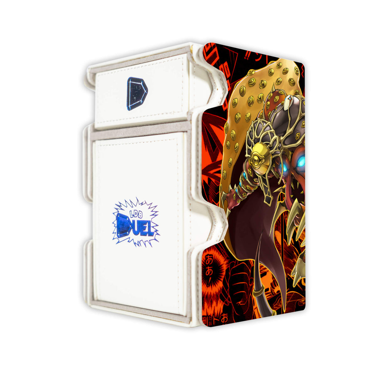 Here is the Right View of the Millennium Eyes Restrict Pegasus Mach 3 White Deck Box. Pegasus-yugioh-deck-tray-dice-tray-LDB-Duel