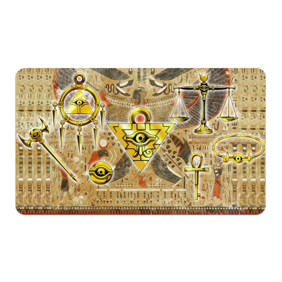 Transform your dueling experience with LDB Duel featuring our exclusive art Millennium Items playmat! Featuring a soft cloth top for smooth card movement and a durable rubber back for a secure grip, this 24x14 inch mat is machine washable and safe for cards and sleeves. Atem-yugioh-mtg-pokemon-custom-artwork-premium-durable-rubber-ldb-duel