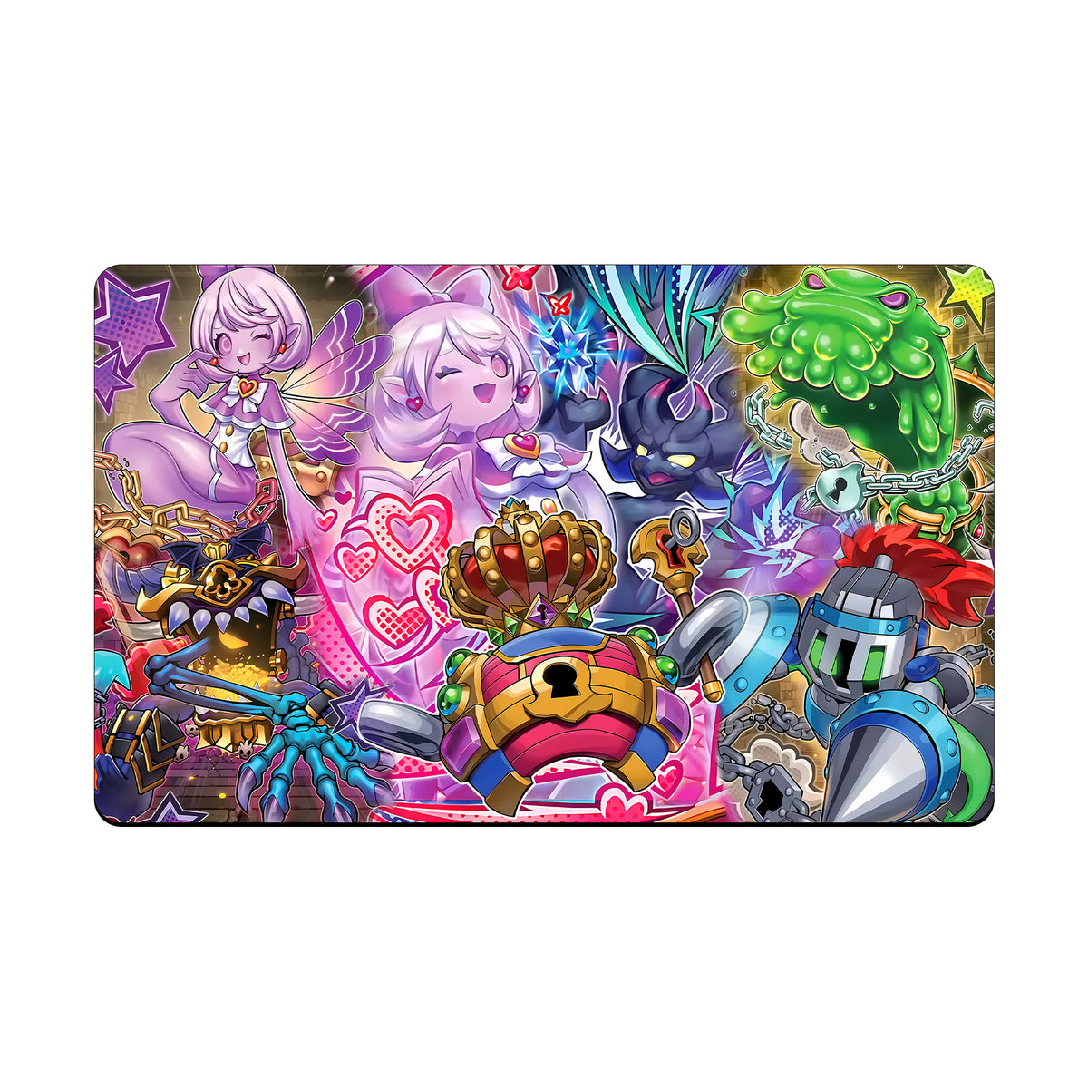 Transform your dueling experience with our original art Mimighoul Archetype playmat! Featuring a soft cloth top for smooth card movement and a durable rubber back for a secure grip, this 24x14 inch mat is machine washable and safe for cards and sleeves. Throne-yugioh-custom-artwork-premium-durable-rubber-ldb-duel