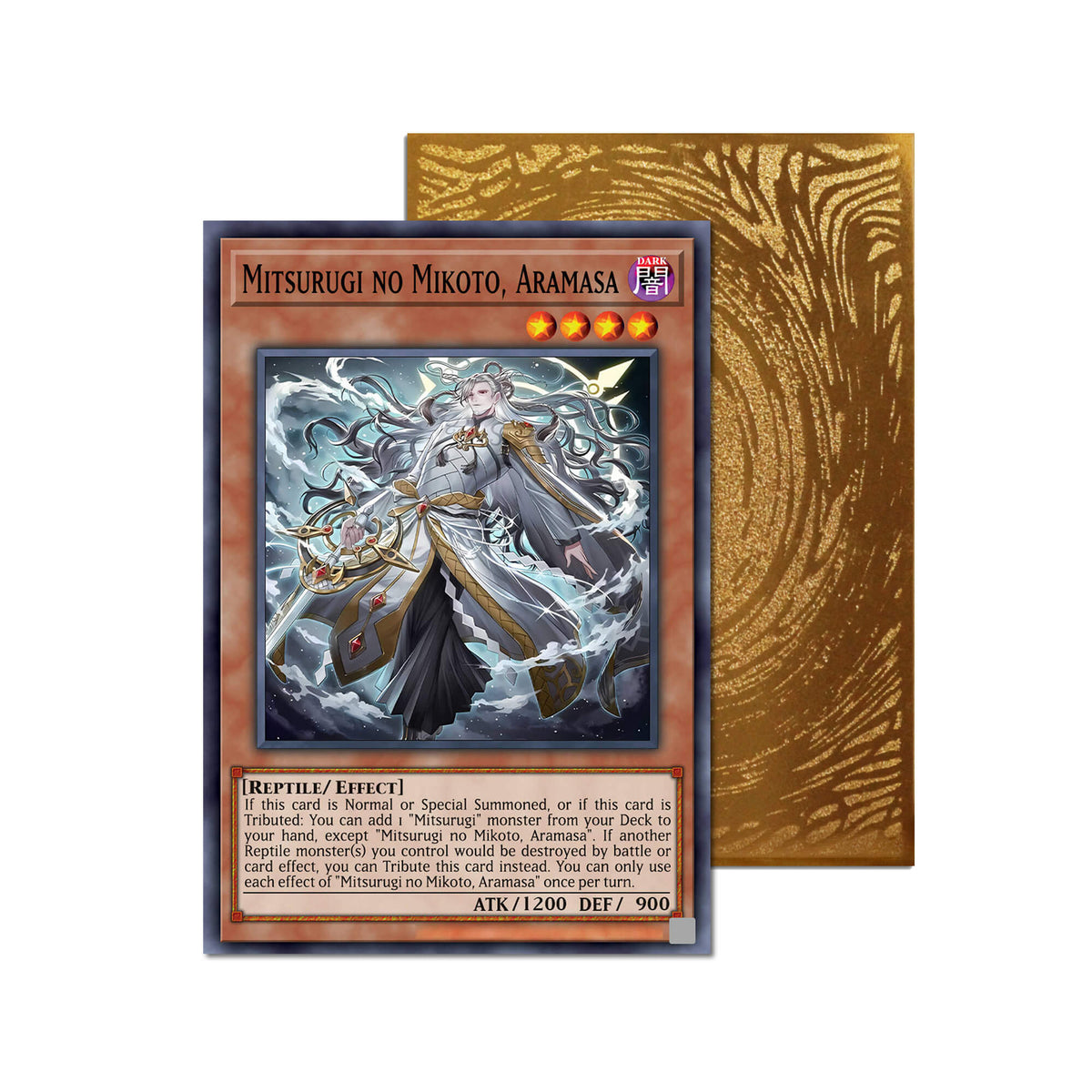 Level up your game with our custom-printed metal orica cards, featuring exclusive Mitsurugi No Mikoto, Aramasa artwork in gold metal. Durable, scratch-resistant, and embossed with the iconic Yu-Gi-Oh! card back, these slim orica cards fit perfectly in card sleeves. Mitsurugi-yugioh-mtg-pokemon-metal-card-embossed-design-custom-artwork-duel-accessories-ldb-duel