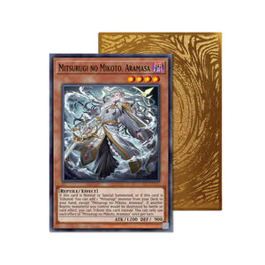 Level up your game with our custom-printed metal orica cards, featuring exclusive Mitsurugi No Mikoto, Aramasa artwork in gold metal. Durable, scratch-resistant, and embossed with the iconic Yu-Gi-Oh! card back, these slim orica cards fit perfectly in card sleeves. Mitsurugi-yugioh-mtg-pokemon-metal-card-embossed-design-custom-artwork-duel-accessories-ldb-duel