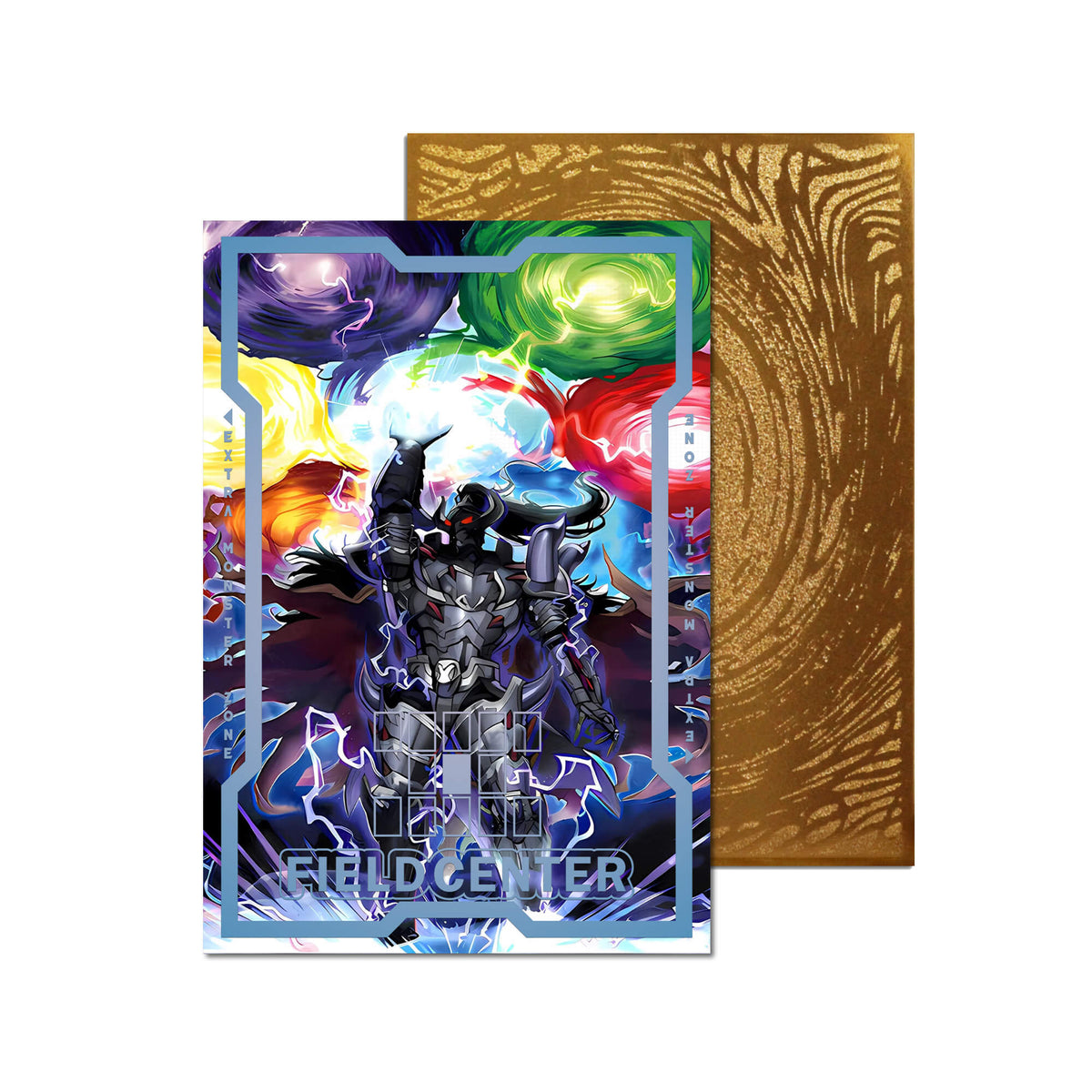 Level up your game with our custom-printed metal field centers, featuring exclusive Monarch artwork in gold metal. Durable, scratch-resistant, and embossed with the iconic Yu-Gi-Oh! card back, these slim field centers fit perfectly in card sleeves. Sylvio-yugioh-mtg-pokemon-metal-card-embossed-design-custom-artwork-duel-accessories-ldb-duel