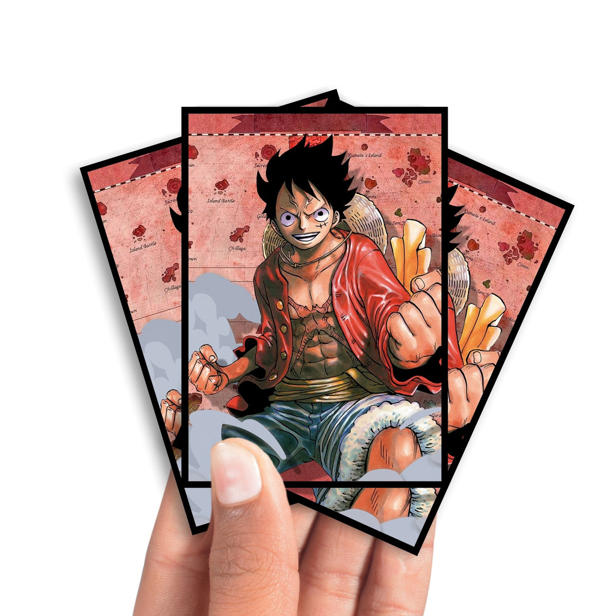 Enhance your cards with our elegant black border card sleeves, featuring a sleek, sophisticated design for a bold, modern aesthetic. From LDB Duel. Perfect for showcasing your collection, these sleeves are printed with our exclusive Monkey D. Luffy design. One-piece-yugioh-mtg-pokemon-card-protection-standard-japanese-dragon-shield-LDB-Duel-black
