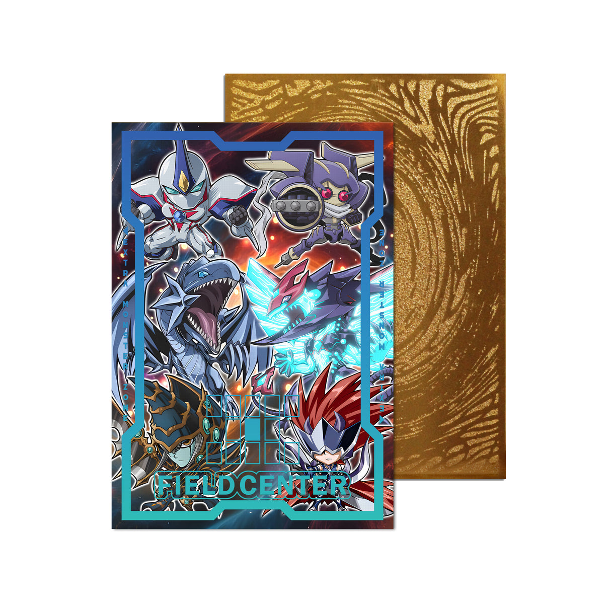 Level up your game with our custom-printed metal field centers, featuring exclusive Monster Mayhem artwork in gold metal. Durable, scratch-resistant, and embossed with the iconic Yu-Gi-Oh! card back, these slim field centers fit perfectly in card sleeves. Jurrac-Megalo-yugioh-mtg-pokemon-metal-card-embossed-design-custom-artwork-duel-accessories-ldb-duel