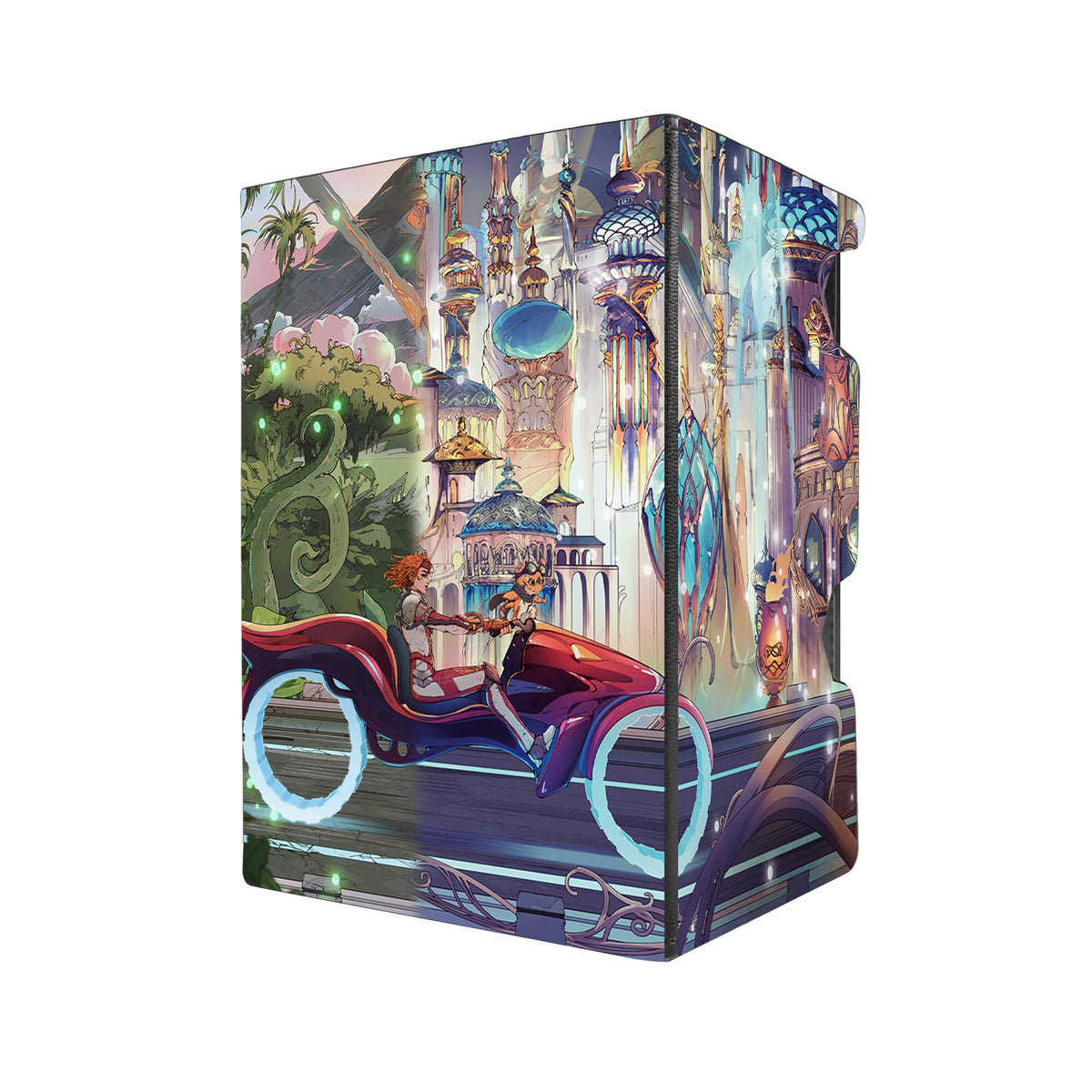 Here's another quality black deck box from LDB Duel featuring our exclusive Muraganda and Avishkar art. Fits all types of trading card games, including Pokémon, Yu-Gi-Oh! and Magic The Gathering. The perfect card holder for the TCG player safely holds up to 100 double-sleeved cards. EVEN in extra thick sleeves. Comes with a pull-out dice tray. Aetherdrift-mtg-tcg-accessories-card-storage-LDB-Duel