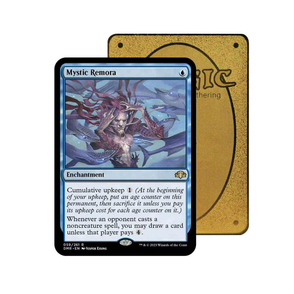 Level up your game with our custom-printed metal orica cards, featuring exclusive Mystic Remora artwork in gold metal. Durable, scratch-resistant, and embossed with the iconic Yu-Gi-Oh! card back, these slim orica cards fit perfectly in card sleeves. Enchantment-mtg-yugioh-pokemon-metal-card-embossed-design-custom-artwork-duel-accessories-ldb-duel