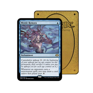Level up your game with our custom-printed metal orica cards, featuring exclusive Mystic Remora artwork in gold metal. Durable, scratch-resistant, and embossed with the iconic Yu-Gi-Oh! card back, these slim orica cards fit perfectly in card sleeves. Enchantment-mtg-yugioh-pokemon-metal-card-embossed-design-custom-artwork-duel-accessories-ldb-duel