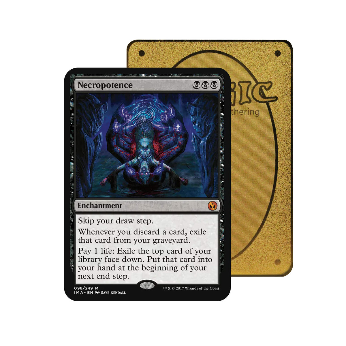 Level up your game with our custom-printed metal orica cards, featuring exclusive Necropotence artwork in gold metal. Durable, scratch-resistant, and embossed with the iconic Yu-Gi-Oh! card back, these slim orica cards fit perfectly in card sleeves. Enchantment-mtg-yugioh-pokemon-metal-card-embossed-design-custom-artwork-duel-accessories-ldb-duel