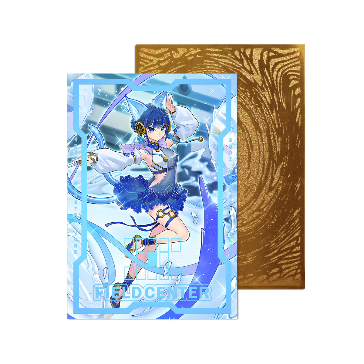 Level up your game with our custom-printed metal field centers, featuring exclusive Ni-Ni the Mirror Mikanko artwork in gold metal. Durable, scratch-resistant, and embossed with the iconic Yu-Gi-Oh! card back, these slim field centers fit perfectly in card sleeves. Mikanko-yugioh-mtg-pokemon-metal-card-embossed-design-custom-artwork-duel-accessories-ldb-duel