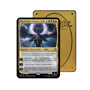 Level up your game with our custom-printed metal orica cards, featuring exclusive Nicol Bolas, Dragon-God artwork in gold metal. Durable, scratch-resistant, and embossed with the iconic Yu-Gi-Oh! card back, these slim orica cards fit perfectly in card sleeves. Dragon-mtg-yugioh-pokemon-metal-card-embossed-design-custom-artwork-duel-accessories-ldb-duel
