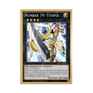 Level up your game with our custom-printed metal orica cards, featuring exclusive Number 39: Utopia artwork in gold metal. Durable, scratch-resistant, and embossed with the iconic Yu-Gi-Oh! card back, these slim orica cards fit perfectly in card sleeves. Yuma-Tsukumo-yugioh-mtg-pokemon-metal-card-embossed-design-custom-artwork-duel-accessories-ldb-duel