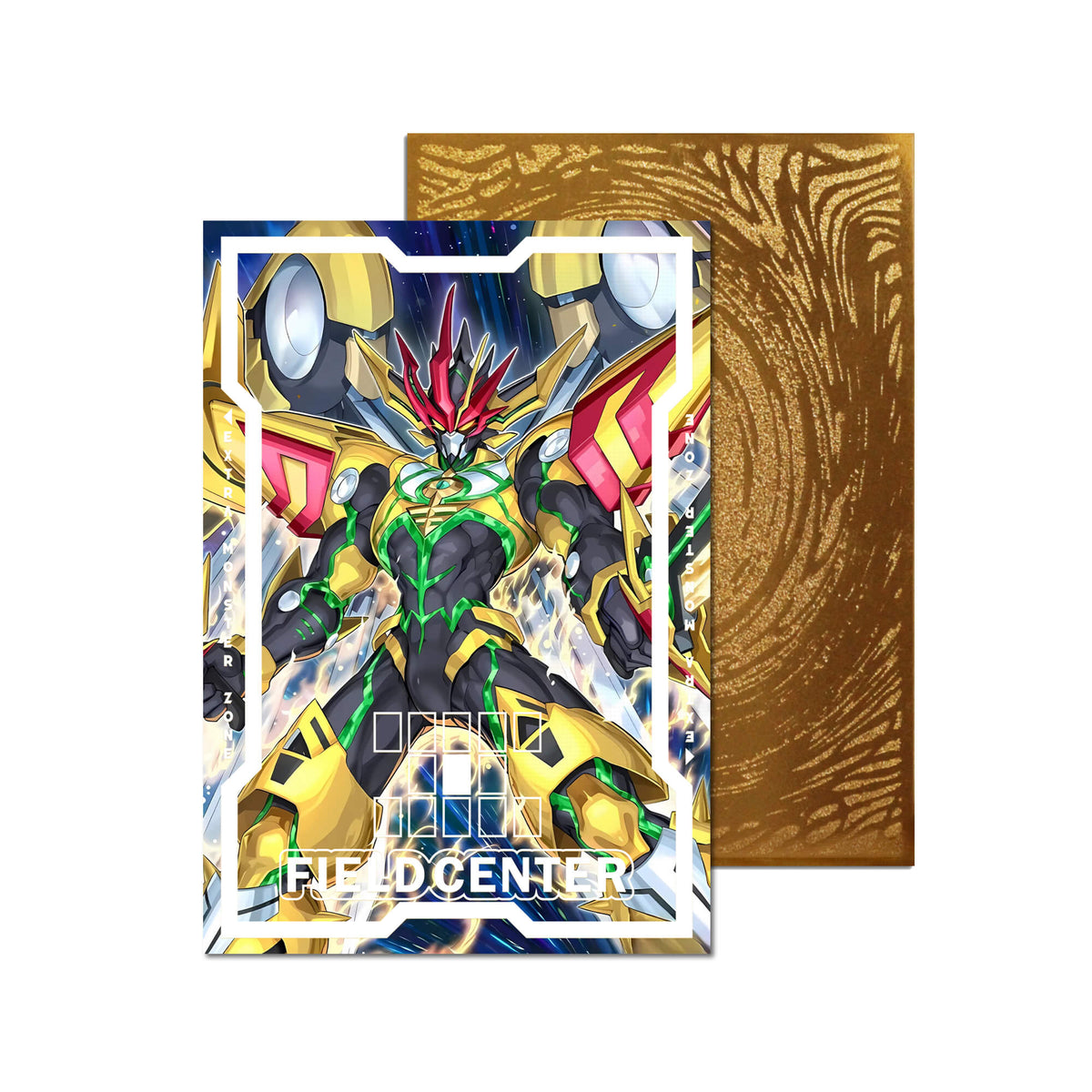 Level up your game with our custom-printed metal field centers, featuring exclusive Number F0: Utopic Future Zexal artwork in gold metal. Durable, scratch-resistant, and embossed with the iconic Yu-Gi-Oh! card back, these slim field centers fit perfectly in card sleeves. Future-Slash-yugioh-mtg-pokemon-metal-card-embossed-design-custom-artwork-duel-accessories-ldb-duel
