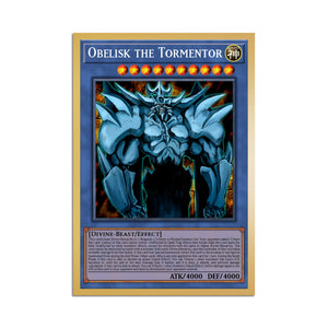 Level up your game with our custom-printed metal orica cards, featuring exclusive Obelisk the Tormentor artwork in gold metal. Durable, scratch-resistant, and embossed with the iconic Yu-Gi-Oh! card back, these slim orica cards fit perfectly in card sleeves. Divine-Beast-yugioh-mtg-pokemon-metal-card-embossed-design-custom-artwork-duel-accessories-ldb-duel