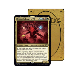 Level up your game with our custom-printed metal orica cards, featuring exclusive Omnath, Locus of Creation artwork in gold metal. Durable, scratch-resistant, and embossed with the iconic Yu-Gi-Oh! card back, these slim orica cards fit perfectly in card sleeves. Phyrexian-mtg-yugioh-pokemon-metal-card-embossed-design-custom-artwork-duel-accessories-ldb-duel