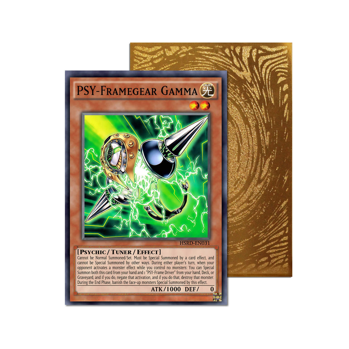 Level up your game with our custom-printed metal orica cards, featuring exclusive PSY-Framegear Gamma artwork in gold metal. Durable, scratch-resistant, and embossed with the iconic Yu-Gi-Oh! card back, these slim orica cards fit perfectly in card sleeves. PSY-Frame-Overload-yugioh-mtg-pokemon-metal-card-embossed-design-custom-artwork-duel-accessories-ldb-duel