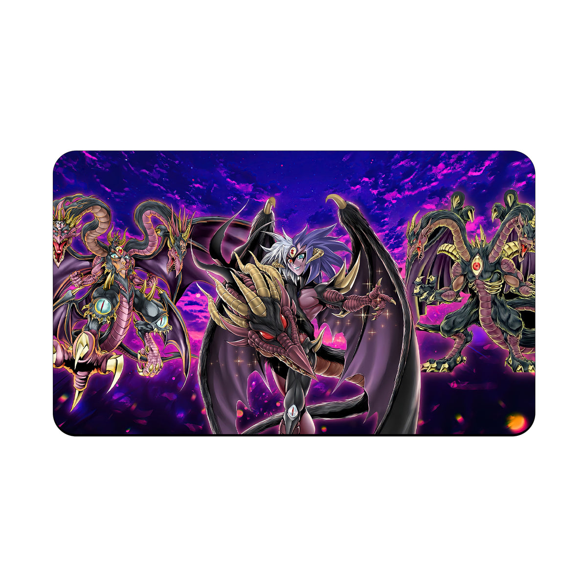 Transform your dueling experience with our exclusive art Yubel Phantom Nightmare playmat from LDB Duel! Featuring a soft cloth top for smooth card movement and a durable rubber back for a secure grip, this 24x14 inch mat is machine washable and safe for cards and sleeves. Crimson-Wings-yugioh-mtg-pokemon-custom-artwork-premium-durable-rubber-ldb-duel