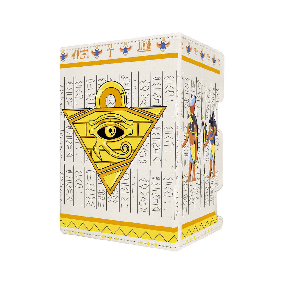 Here's another quality white deck box from LDB Duel featuring our exclusive Pharaoh's Soul Glyphs art. Fits all types of trading card games, including Pokémon, Yu-Gi-Oh! and Magic The Gathering. The perfect card holder for the TCG player safely holds up to 100 double-sleeved cards. EVEN in extra thick sleeves. Comes with a pull-out dice tray. Anubis-ygo-magic-digimon-card_protector-gaming-accesories-LDB-Duel