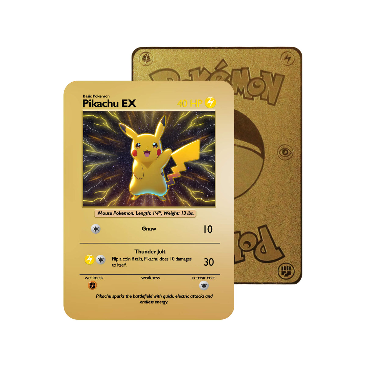 Level up your game with our custom-printed metal orica cards, featuring exclusive Pikachu EX artwork in gold metal. Durable, scratch-resistant, and embossed with the iconic Pokémon card back, these slim orica cards fit perfectly in card sleeves. Thunderbolt-pokemon-yugioh-mtg-metal-card-embossed-design-custom-artwork-duel-accessories-ldb-duel