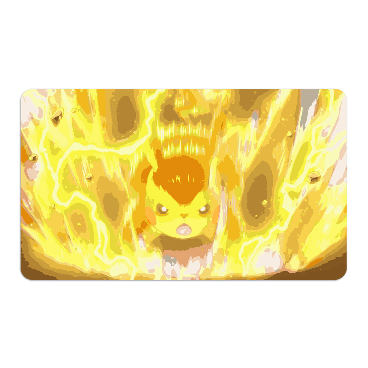 Transform your dueling experience with LDB Duel featuring our exclusive art Pikachu playmat! Featuring a soft cloth top for smooth card movement and a durable rubber back for a secure grip, this 24x14 inch mat is machine washable and safe for cards and sleeves. Thunderbolt-pokemon-anime-yugioh-mtg-custom-artwork-premium-durable-rubber-ldb-duel