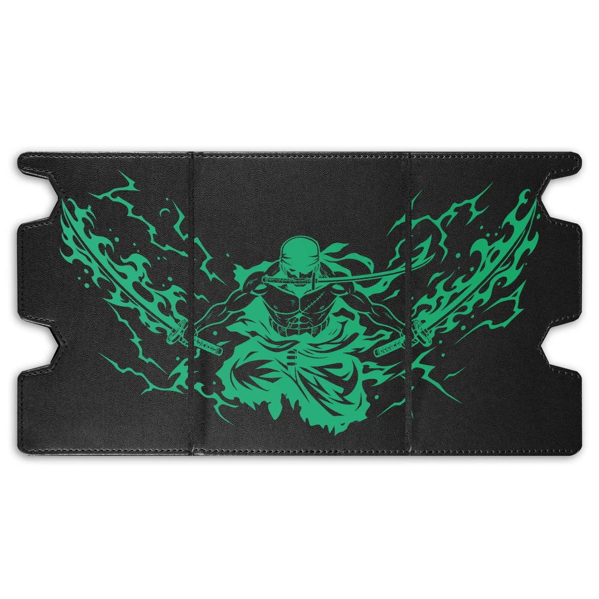 Here is the Full Lid Design of the Pirate Hunter Zoro Mach 3 Black Deck Box. Swordsman-onepiece-custom-art-leather-durable-LDB-Duel
