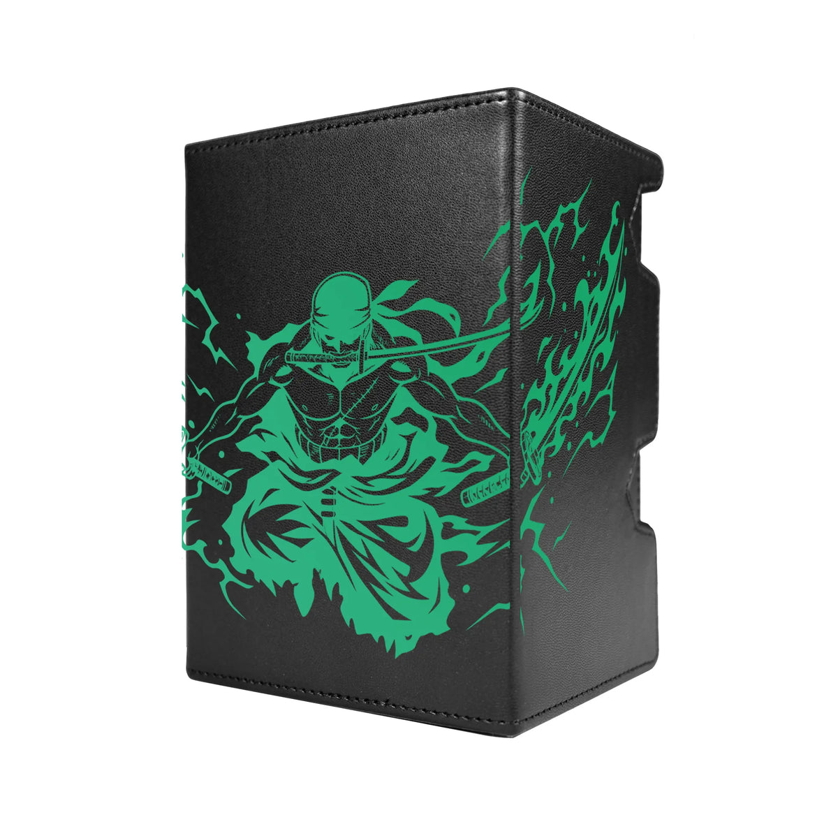 Here's another quality black deck box from LDB Duel featuring our exclusive Pirate Hunter Zoro art. Fits all types of trading card games, including Pokémon, Yu-Gi-Oh! and Magic The Gathering. The perfect card holder for the TCG player safely holds up to 100 double-sleeved cards. EVEN in extra thick sleeves. Comes with a pull-out dice tray. Zoro-onepie-tcg-accessories-card-storage-LDB-Duel