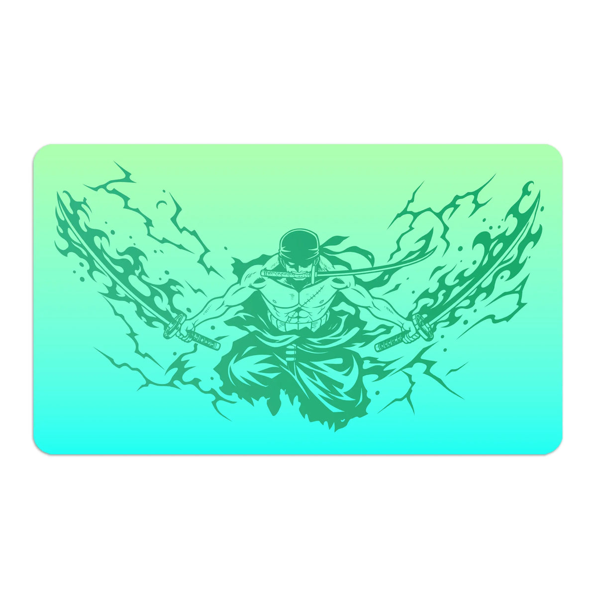 Transform your dueling experience with LDB Duel featuring our exclusive art Pirate Hunter Zoro playmat! Featuring a soft cloth top for smooth card movement and a durable rubber back for a secure grip, this 24x14 inch mat is machine washable and safe for cards and sleeves. Three-Sword-onepiece-custom-artwork-premium-durable-rubber-ldb-duel