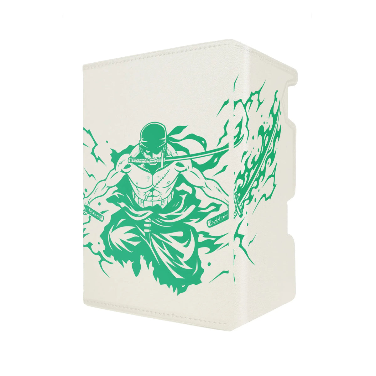 Here's another quality white deck box from LDB Duel featuring our exclusive Pirate Hunter Zoro art. Fits all types of trading card games, including Pokémon, Yu-Gi-Oh! and Magic The Gathering. The perfect card holder for the TCG player safely holds up to 100 double-sleeved cards. EVEN in extra thick sleeves. Comes with a pull-out dice tray. Zoro-onepie-tcg-accessories-card-storage-LDB-Duel