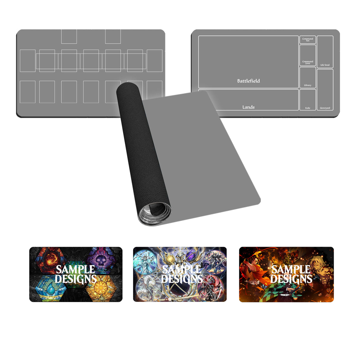 Collection of gaming mats and sample designs on a white background