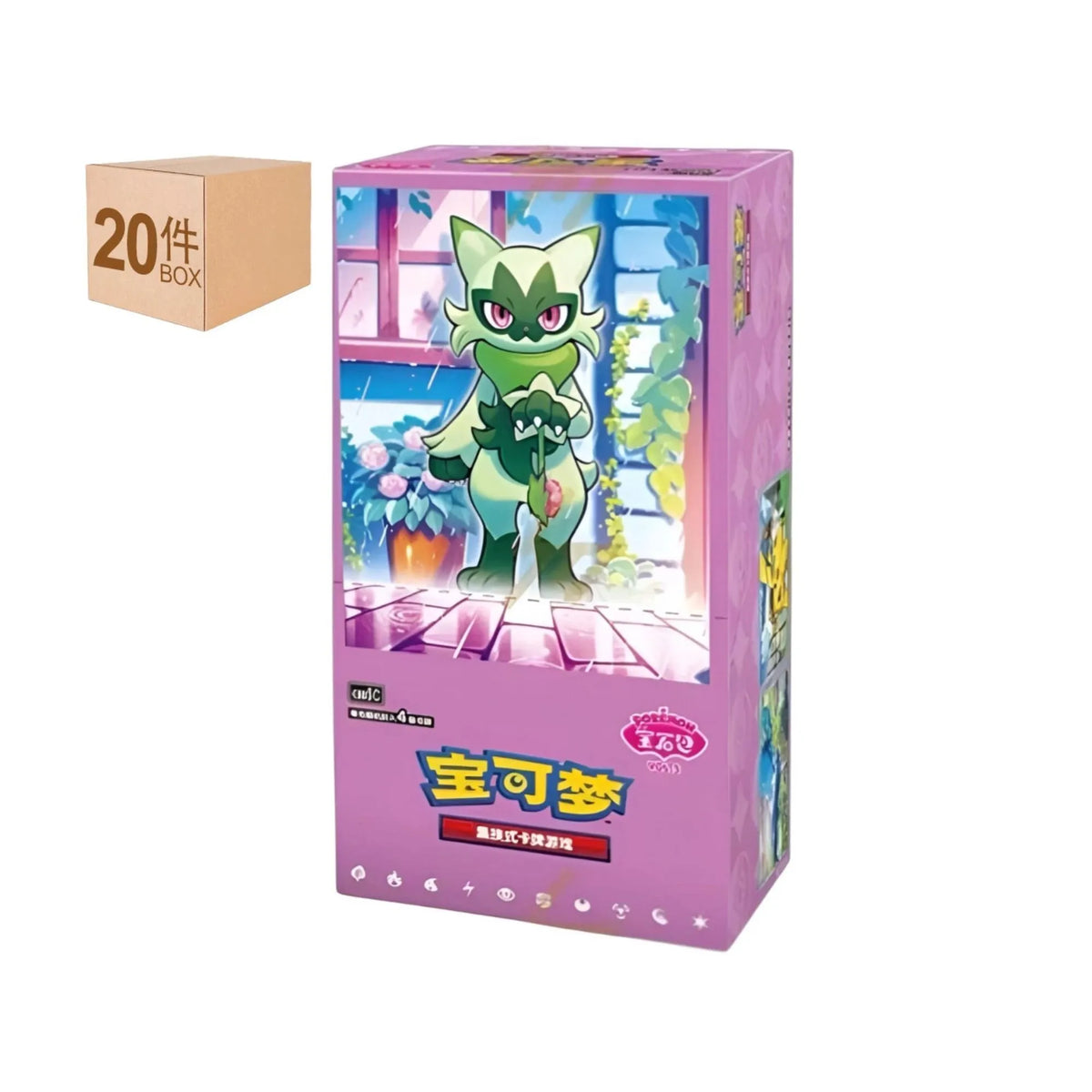 Pokémon Chinese Booster Box – Sprigatito Artwork features a colorful Pokémon TCG box showcasing Sprigatito in a vibrant indoor garden-inspired setting. The pink packaging features Chinese Pokémon branding and a playful design that makes it a great addition to any Pokémon TCG collection. This sealed product is ideal for Pokémon card collectors, TCG players, and fans looking to expand their collection with Chinese-language Pokémon products. The box display also indicates 20 boxes per case, making it suitable 