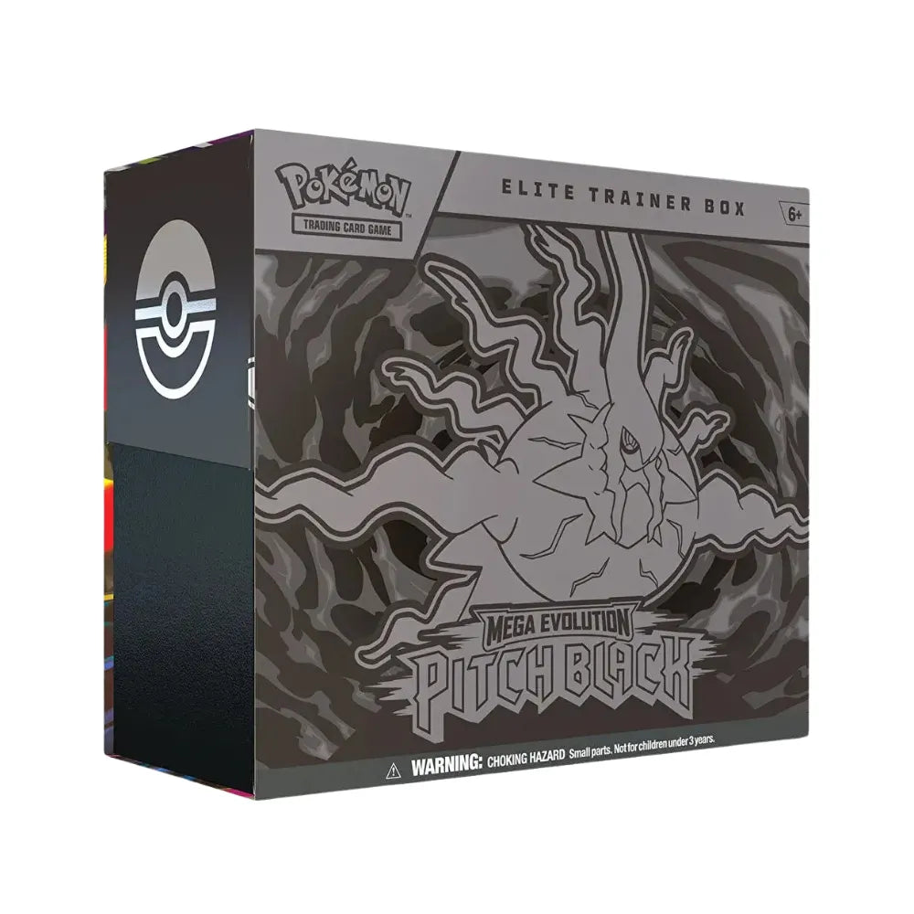 Pokémon TCG: Mega Evolution – Pitch Black Elite Trainer Box features dark, shadowy packaging showcasing a stylized graphic of Mega Darkrai ex. This English-language Pokémon TCG sealed product includes 9 booster packs from the Mega Evolution—Pitch Black expansion, a full-art foil promo card featuring Zarude, 65 custom card sleeves, Energy cards, dice, and a collector’s storage box with dividers. Available from LDB Duel.   