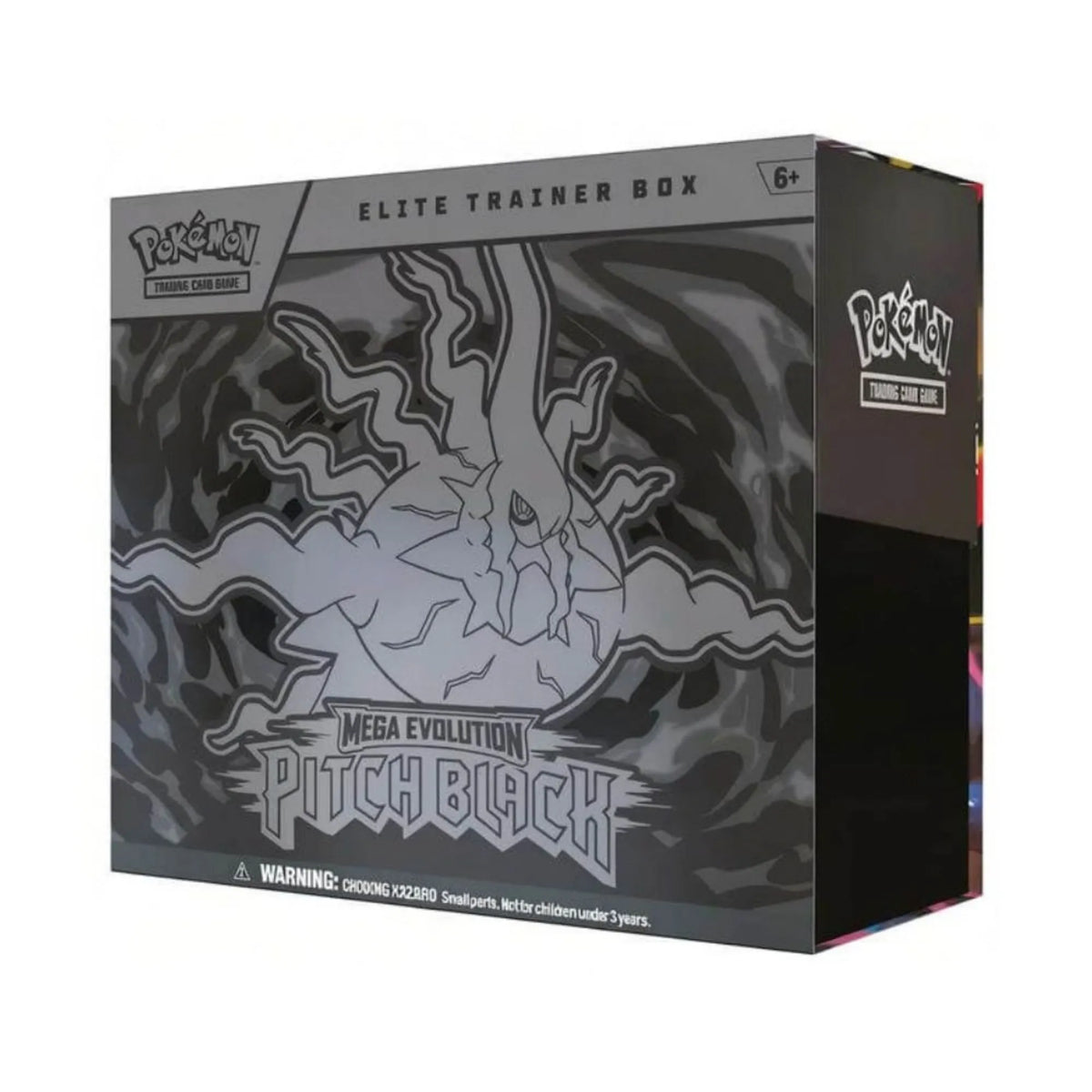 Pokémon TCG: Mega Evolution – Pitch Black Elite Trainer Box features dark, shadowy packaging showcasing a stylized graphic of Mega Darkrai ex. This English-language Pokémon TCG sealed product includes 9 booster packs from the Mega Evolution—Pitch Black expansion, a full-art foil promo card featuring Zarude, 65 custom card sleeves, Energy cards, dice, and a collector’s storage box with dividers. Available from LDB Duel.   