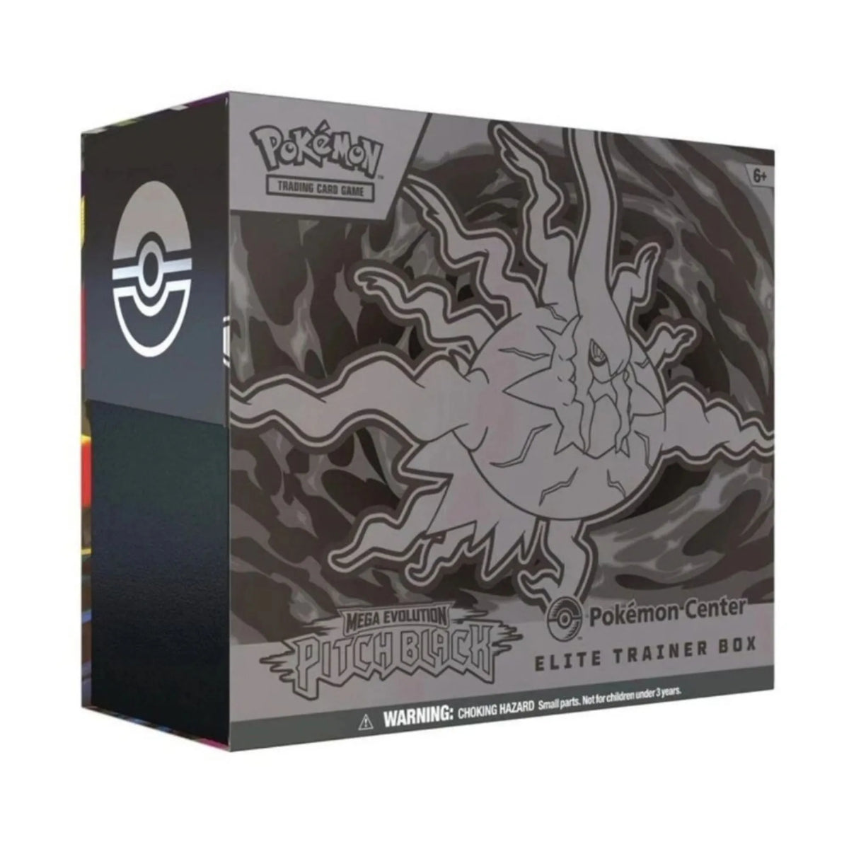 Pokémon TCG: Mega Evolution – Pitch Black Elite Trainer Box features dark, shadowy packaging showcasing a stylized graphic of Mega Darkrai ex. This English-language Pokémon TCG sealed product includes 9 booster packs from the Mega Evolution—Pitch Black expansion, a full-art foil promo card featuring Zarude, 65 custom card sleeves, Energy cards, dice, and a collector’s storage box with dividers. Available from LDB Duel.   