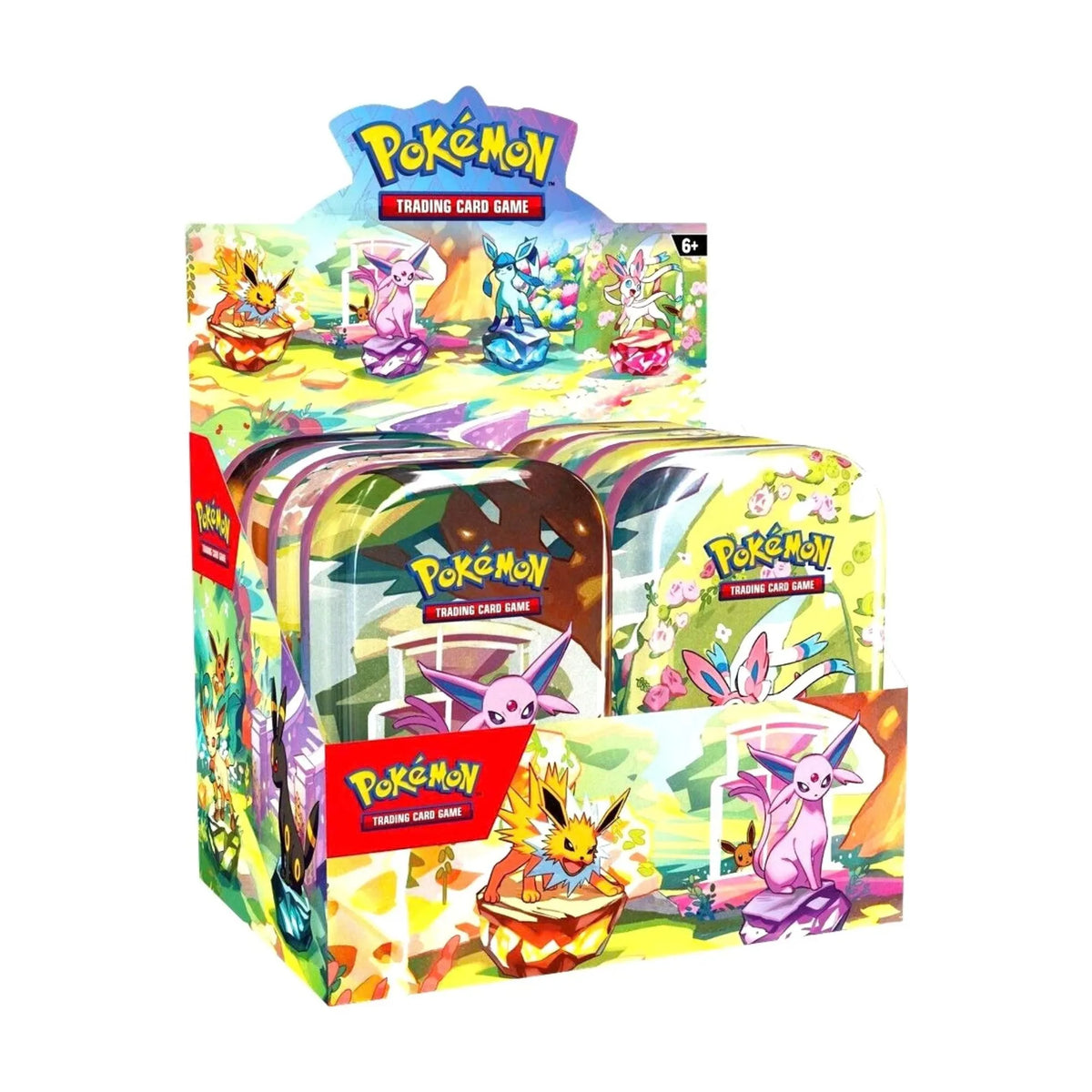 Pokémon TCG Eeveelution Tin Collection features a colorful selection of collectible tins showcasing popular Eevee evolutions, including Jolteon, Espeon, and Sylveon. Each tin features vibrant Pokémon artwork and is perfect for storing cards and adding to your sealed Pokémon TCG collection. Ideal for Pokémon fans, TCG players, and collectors, this collection makes a great addition to any Pokémon card collection. Available from LDB Duel.