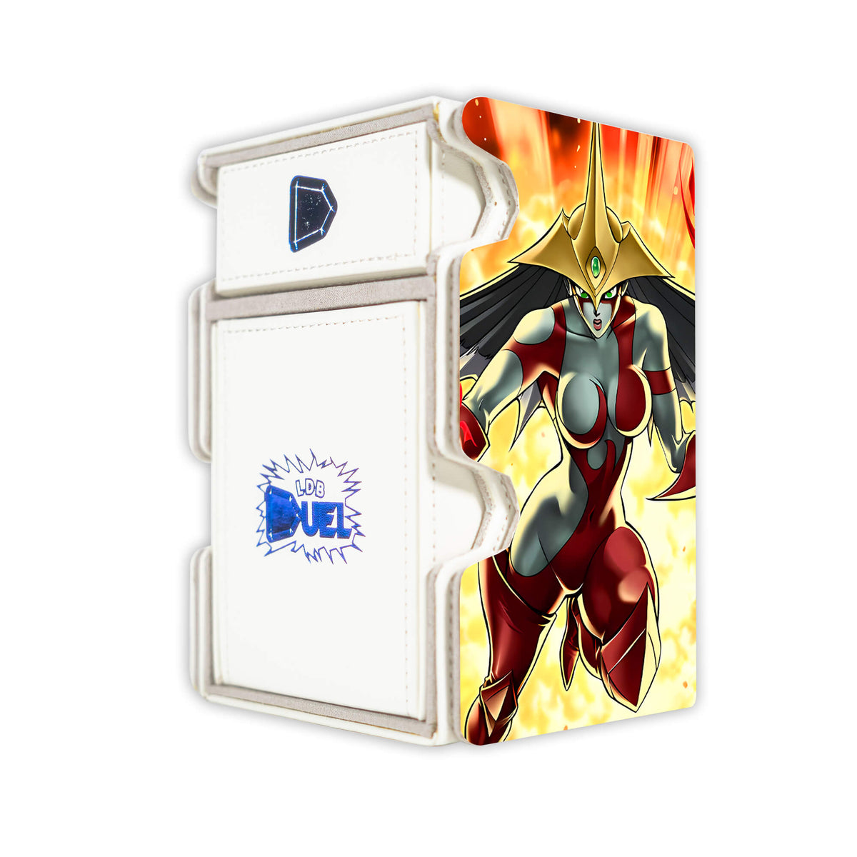 Here is the Right View of the Polymerization Mach 3 White Deck Box. Elemental-yugioh-deck-tray-dice-tray-LDB-Duel