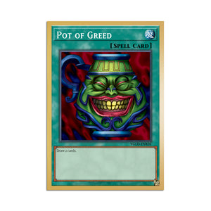 Level up your game with our custom-printed metal orica cards, featuring exclusive Pot of Greed artwork in gold metal. Durable, scratch-resistant, and embossed with the iconic Yu-Gi-Oh! card back, these slim orica cards fit perfectly in card sleeves. Spell-Card-yugioh-mtg-pokemon-metal-card-embossed-design-custom-artwork-duel-accessories-ldb-duel