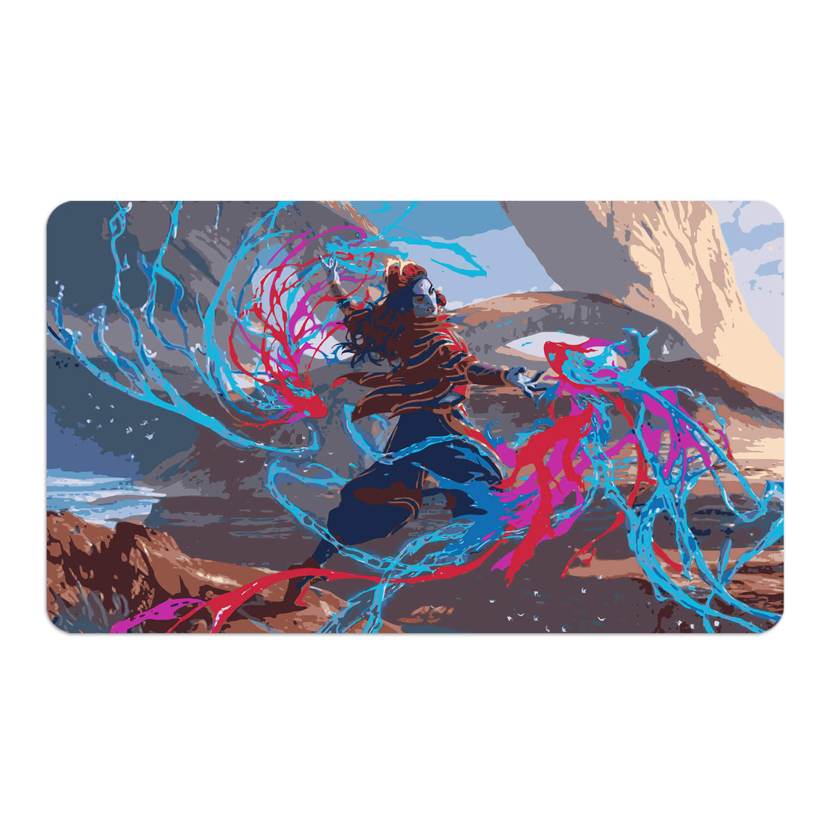 Transform your dueling experience with LDB Duel featuring our exclusive art Prismari Artistry playmat! Featuring a soft cloth top for smooth card movement and a durable rubber back for a secure grip, this 24x14 inch mat is machine washable and safe for cards and sleeves. Rootha-mtg-custom-artwork-premium-durable-rubber-ldb-duel